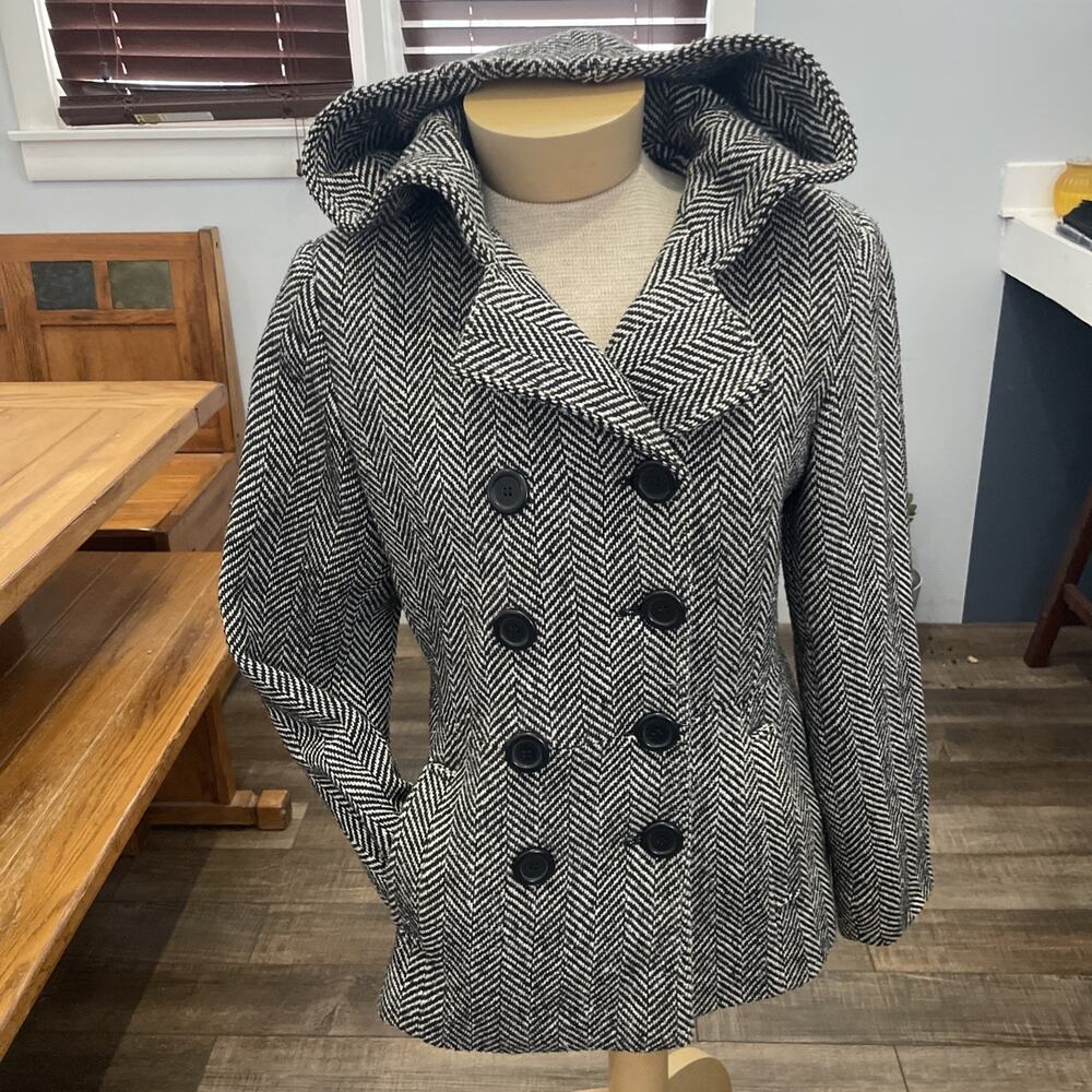 Mudd Wool Blend Herringbone Tweed Hooded Pea Coat S Y2K Vtg